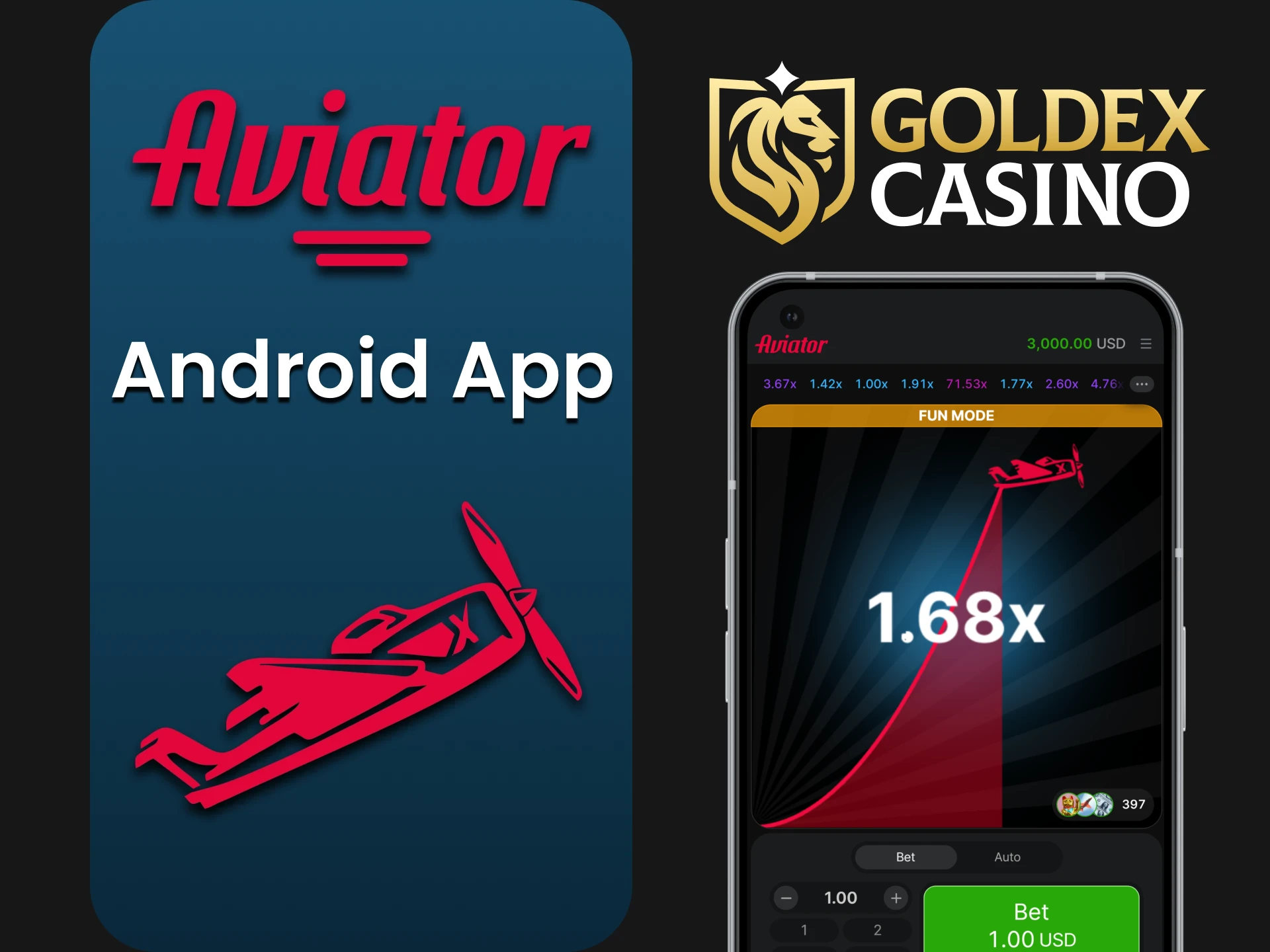 Play Aviator via the Goldex Casino app for Android.