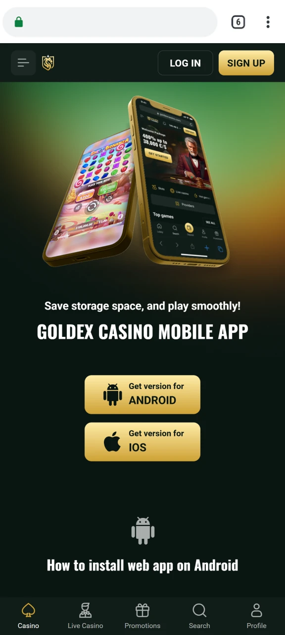 Open the applications section on the Goldex Casino platform.