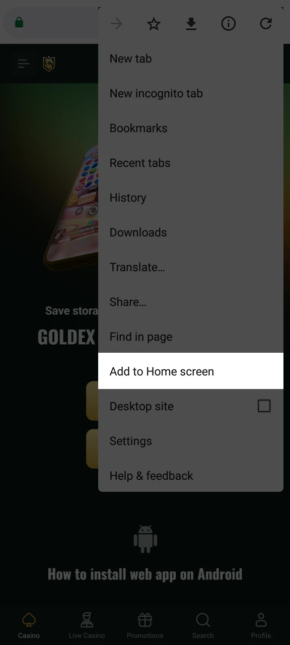 Add the Goldex Casino shortcut to your home screen.