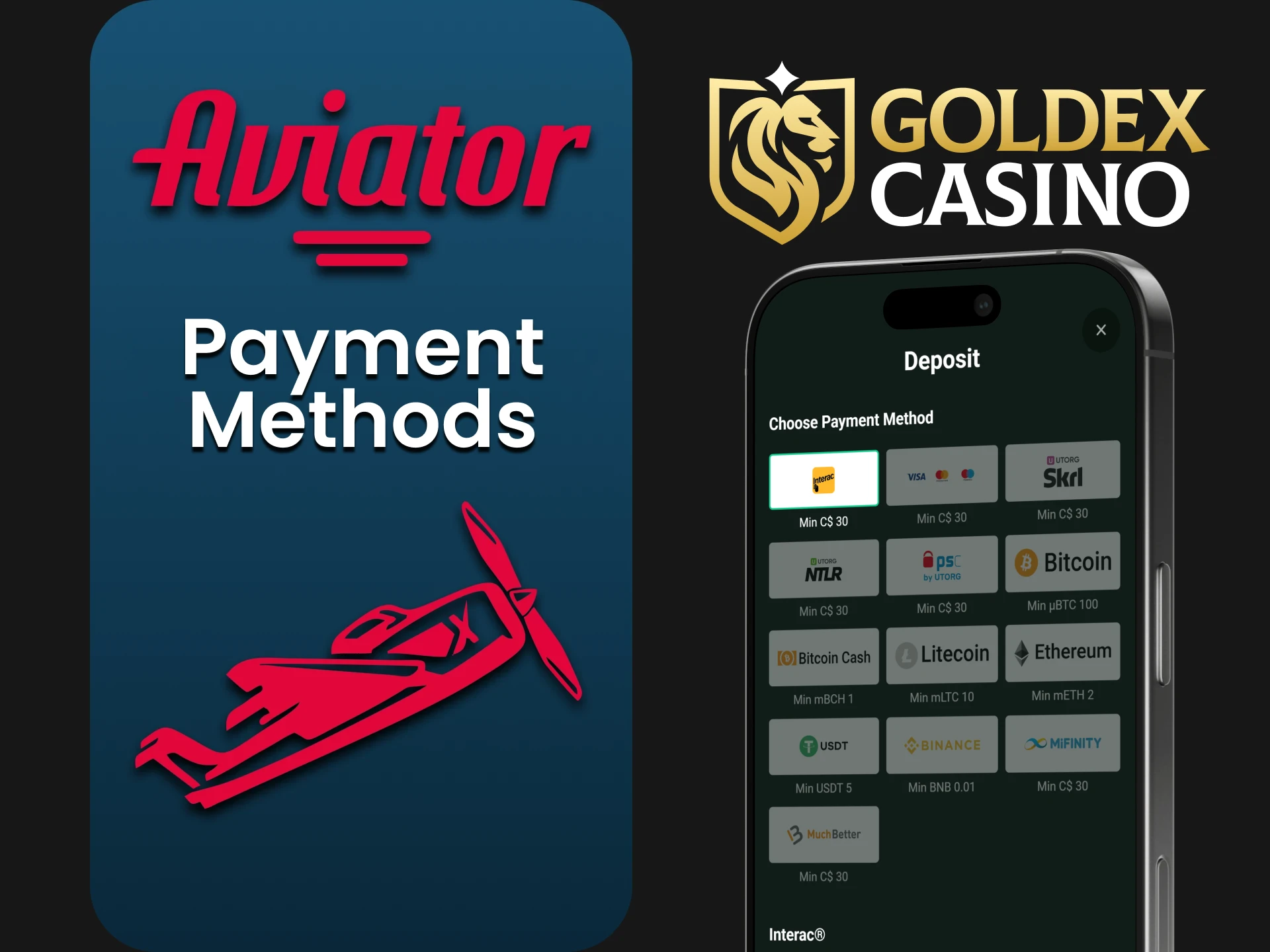 Goldex Casino offers a wide range of payment methods for Aviator players.