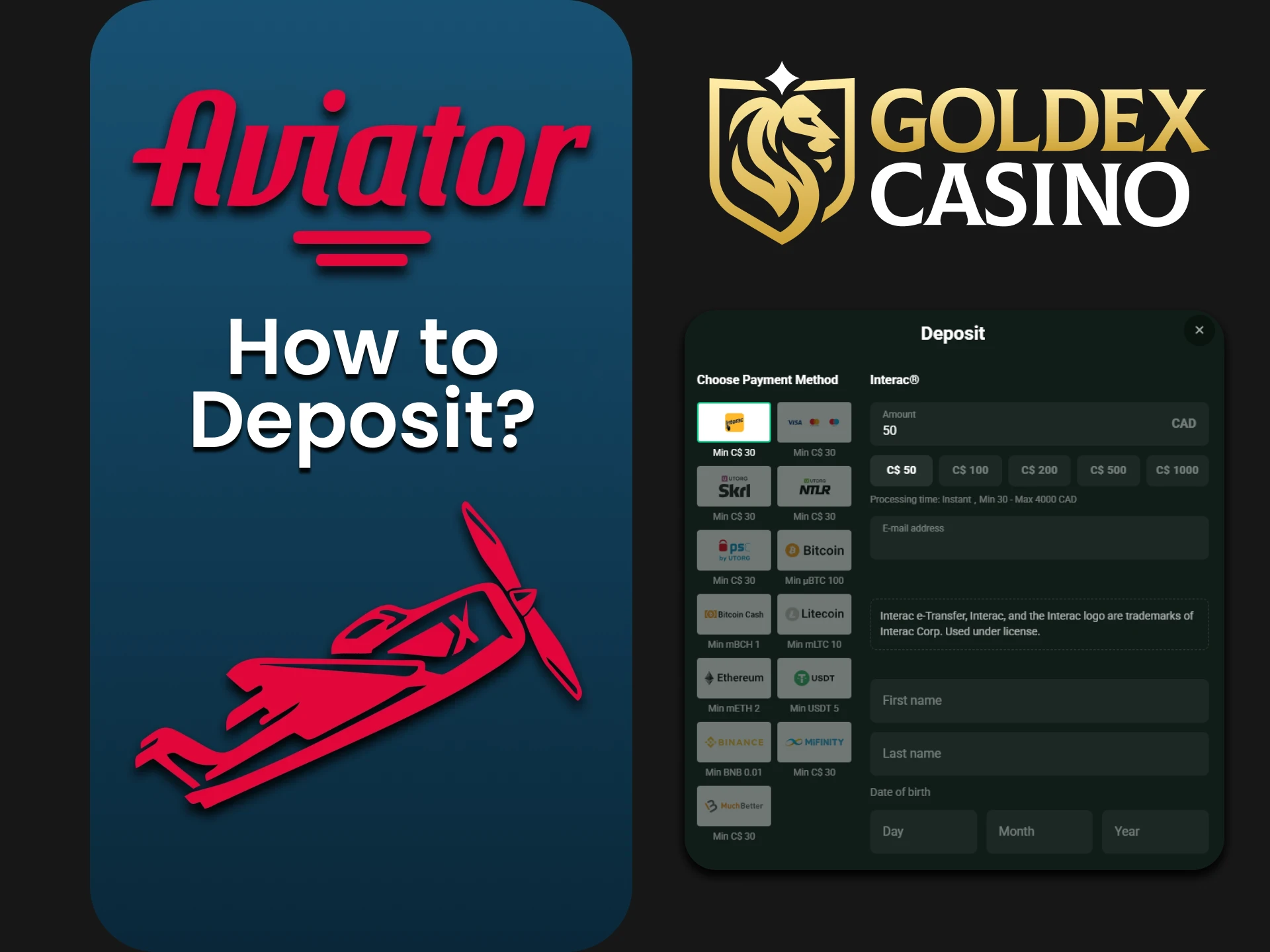 Find out how to make a deposit into your Goldex Casino account before playing Aviator.