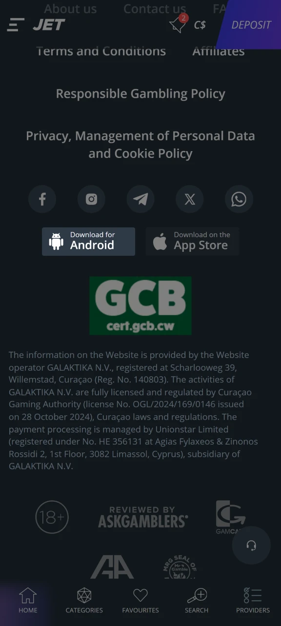 Open the official Jet Casino website to download the APK file.