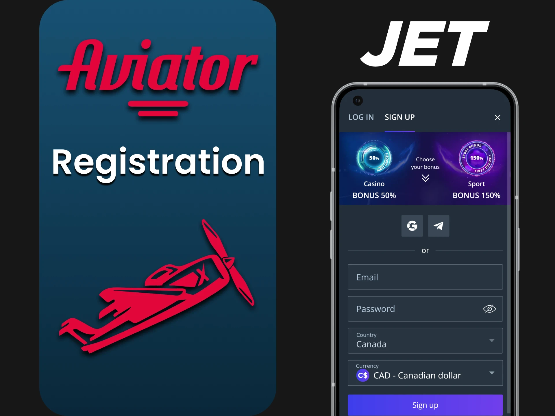 Create an account at Jet Casino before playing Aviator.
